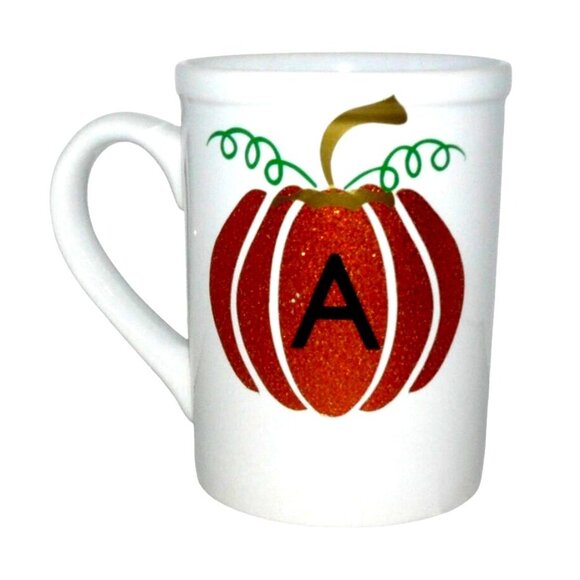 Personalized White Ceramic Coffee Mug With Glitter Pumpkin Design & Letter "A" - Picture 1 of 1